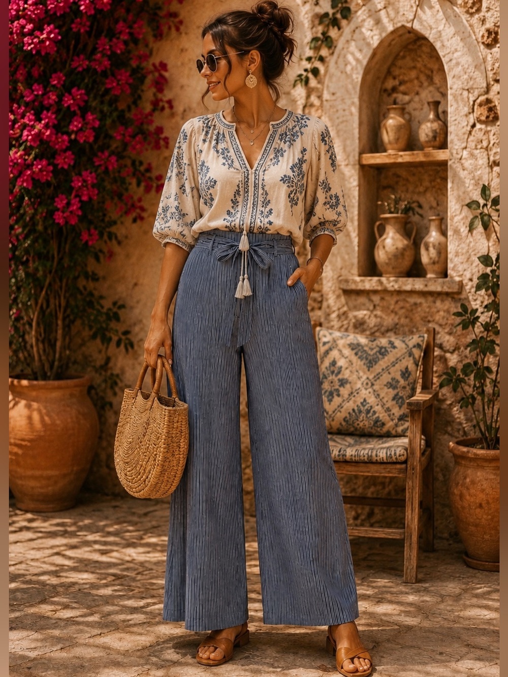 Boutique Anthropologie Inspired Blue Stripe Wide Leg Pants | Effortless Style